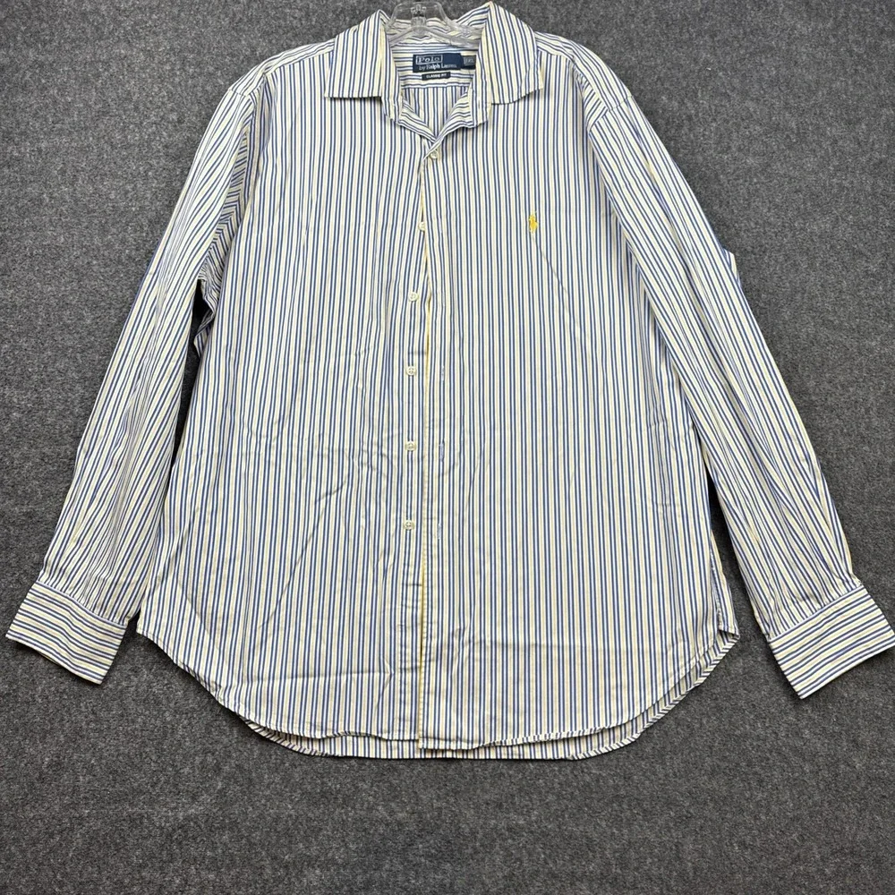 Polo Ralph Lauren Classic Fit Dress Shirt Mens XL Blue White Yellow Stripe